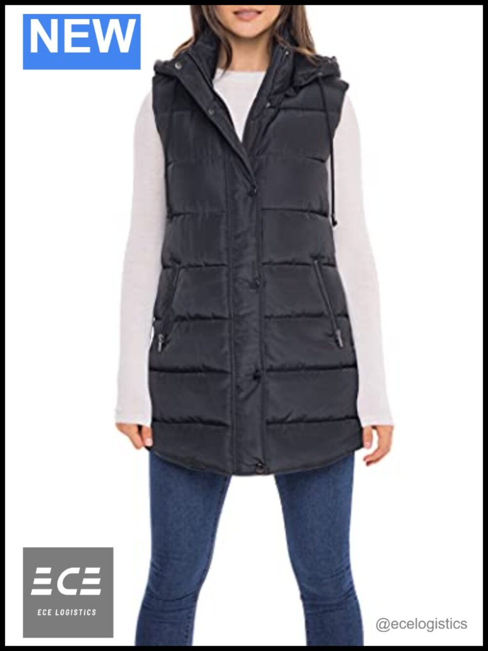 Womens Long Quilted Faux Down Puffer Vest Hooded Zip Pockets Fall Winter